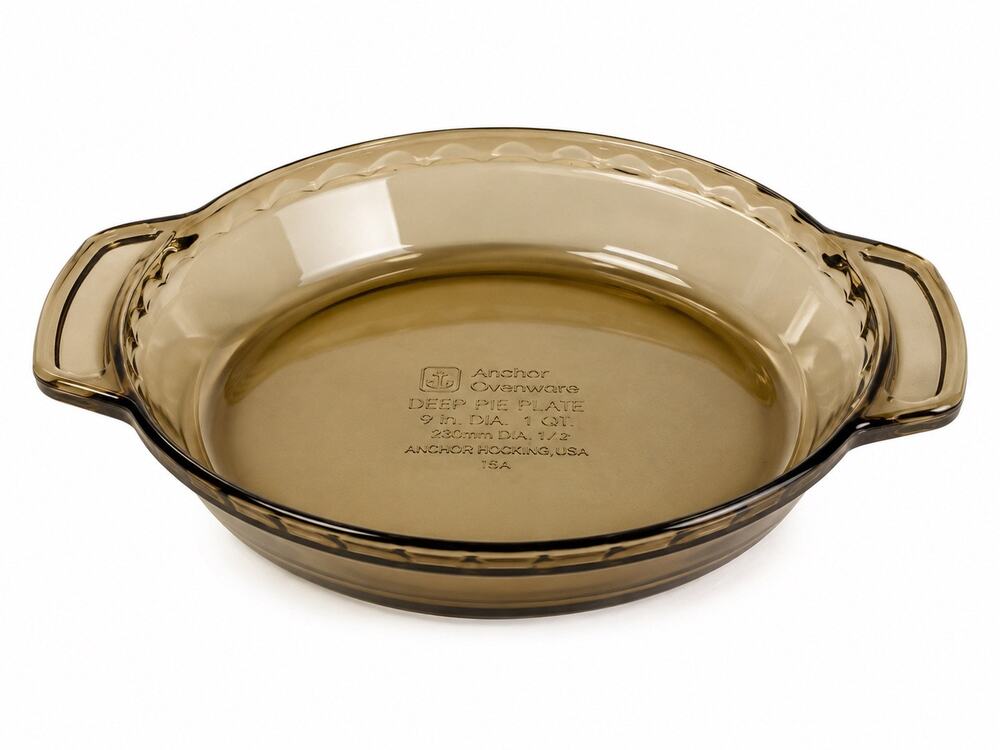 Vintage Anchor Ovenware Amber Glass Deep Pie Plate 9 Inch 1 Qt Baking Dish USA
